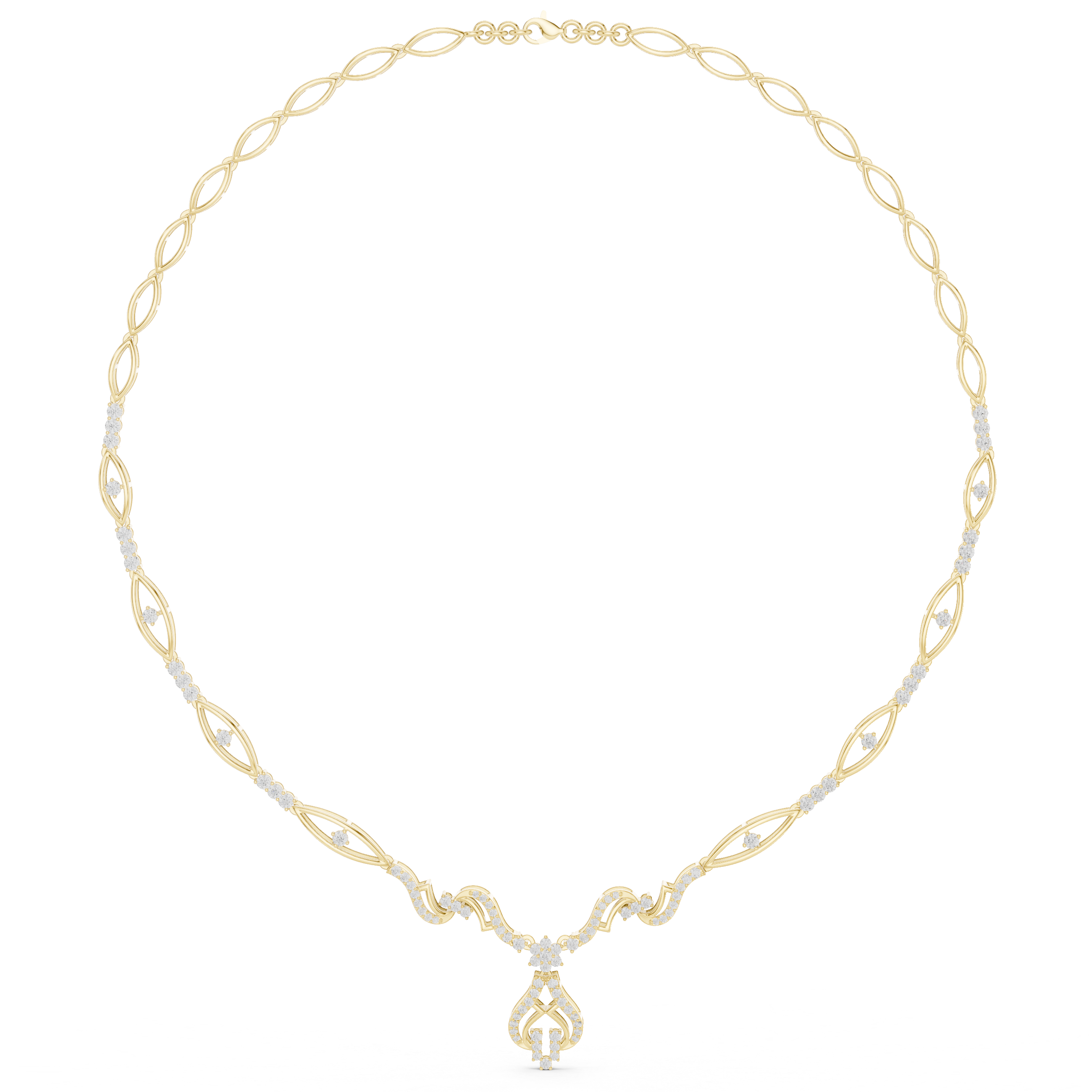 Yellow gold floral diamond statement necklace with oval link chain and teardrop pendant