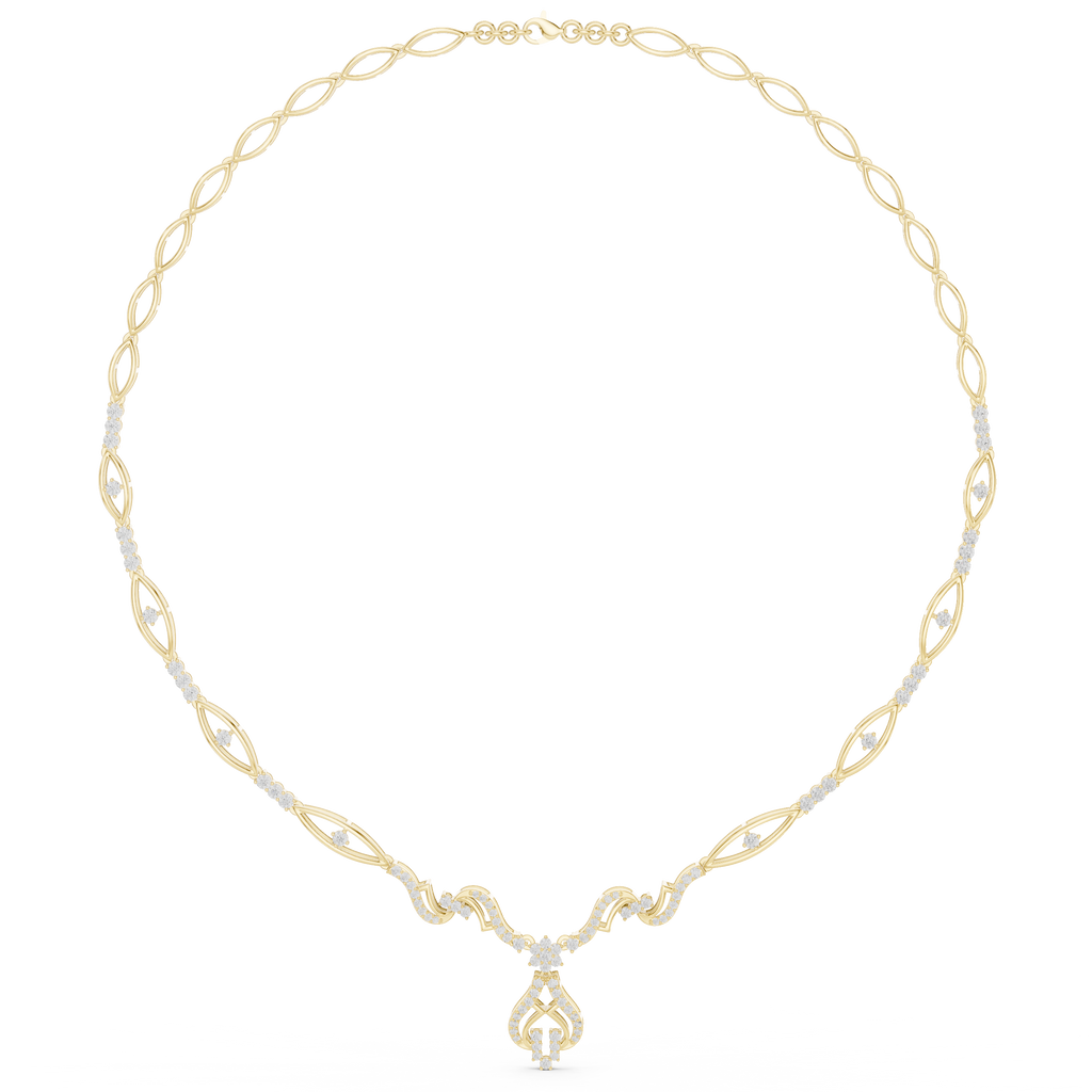 Floral diamond statement necklace in yellow metal, flower pendant on oval link chain