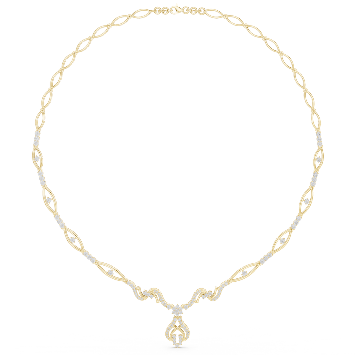 Yellow gold floral diamond statement necklace with oval link chain and teardrop pendant