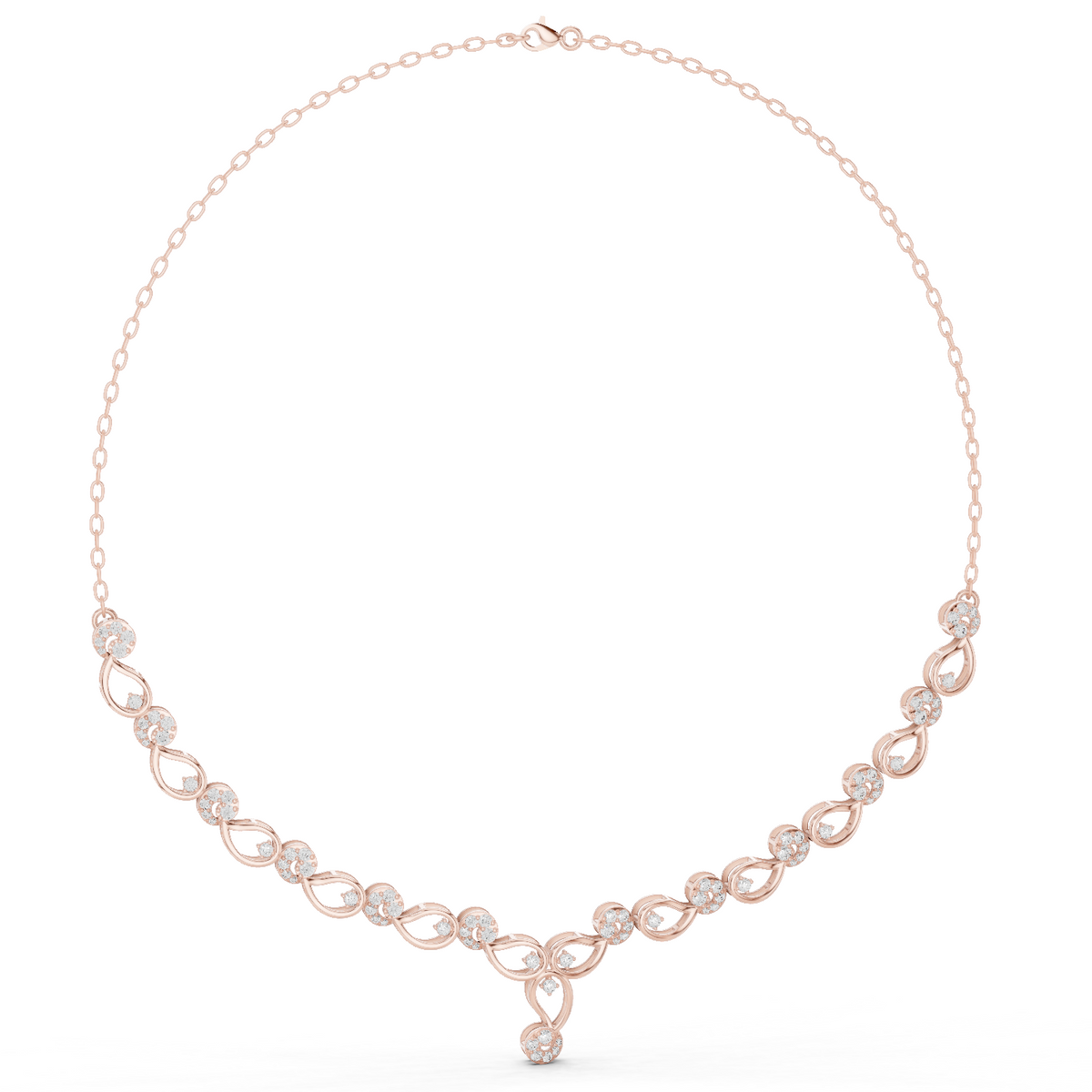 Rose gold necklace with round link row and blue accent stones, teardrop centerpiece pendant