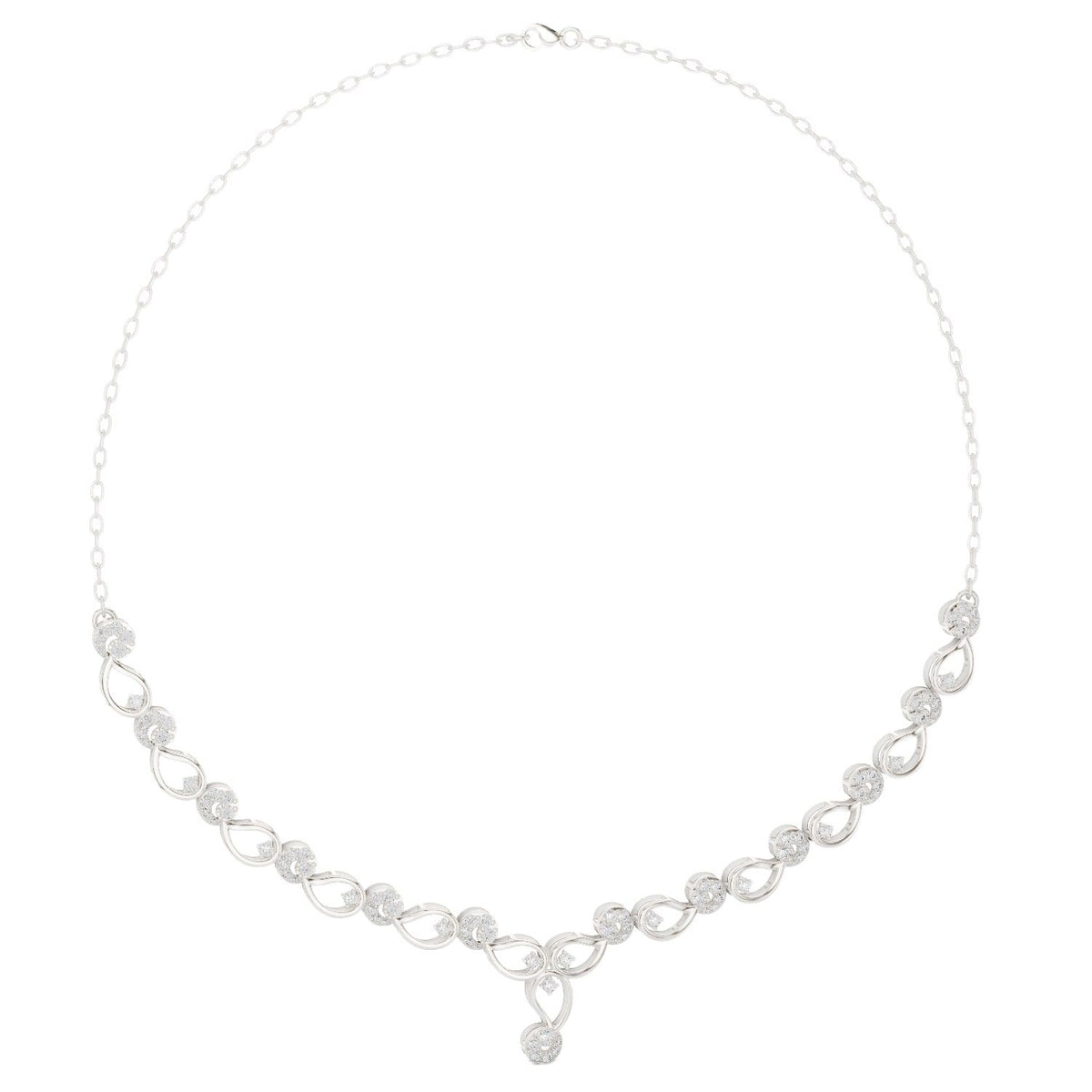White gold necklace with round link row and white accent stones, teardrop center pendant