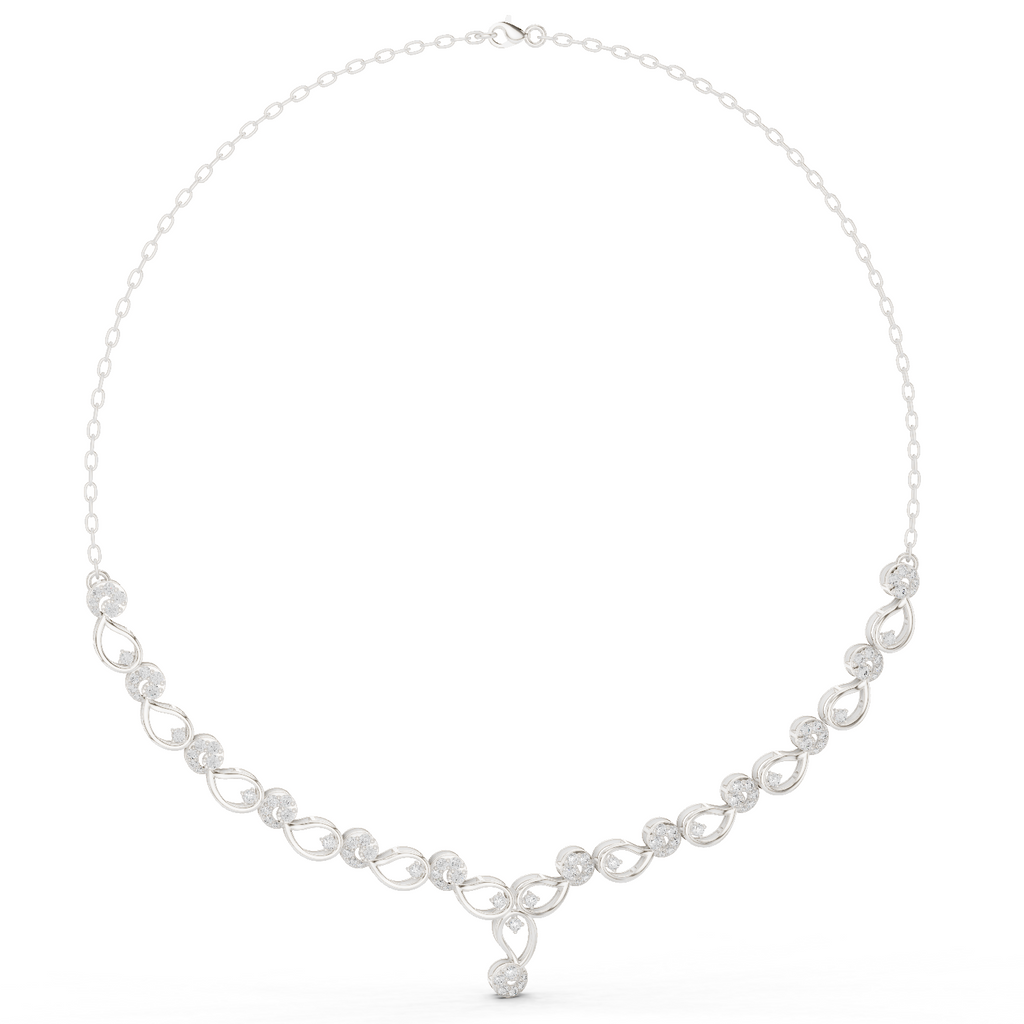 White gold necklace with round link row and white accent stones, teardrop center pendant