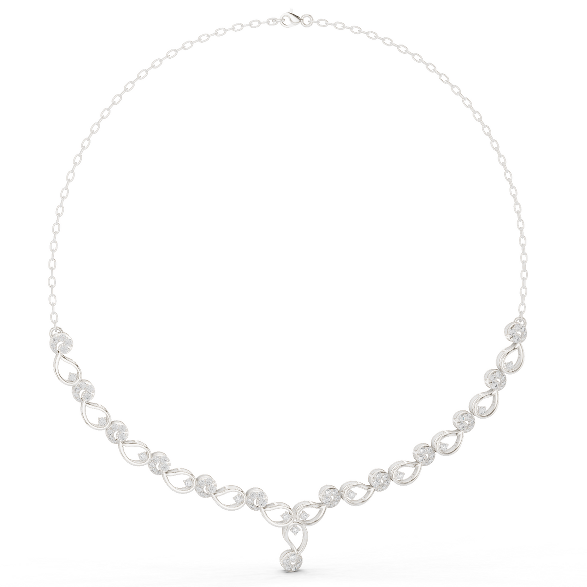 White gold necklace with round link row and white accent stones, teardrop center pendant