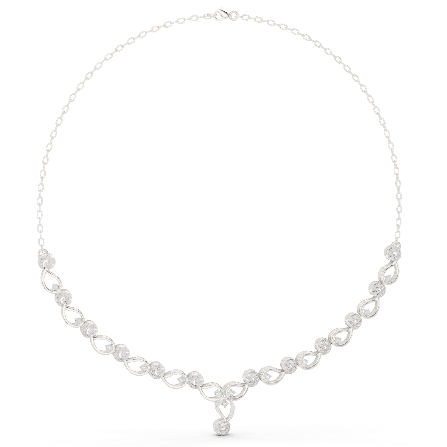 White gold necklace with round link row and white accent stones, teardrop center pendant