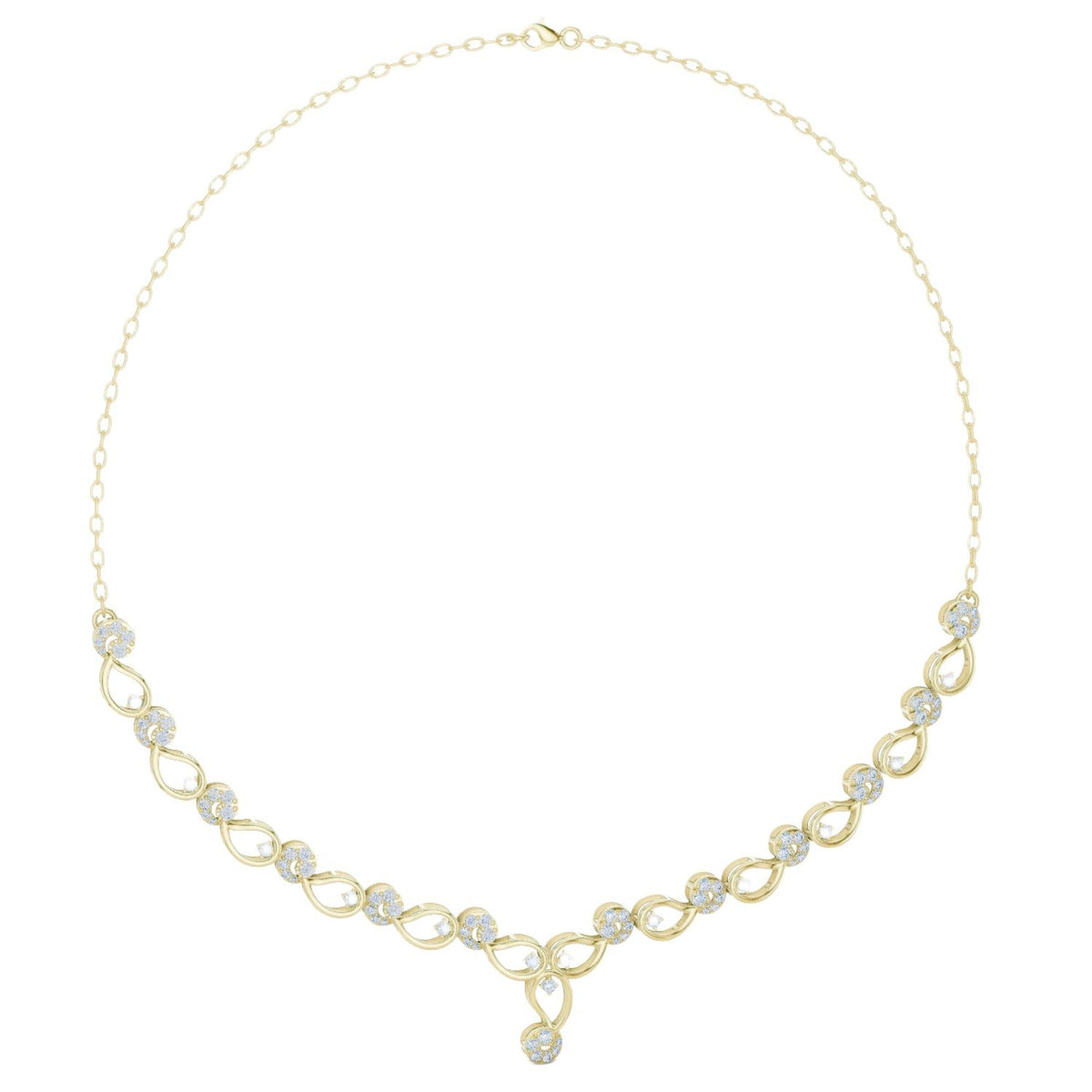 Yellow gold necklace with round link row and blue accent stones, teardrop center pendant