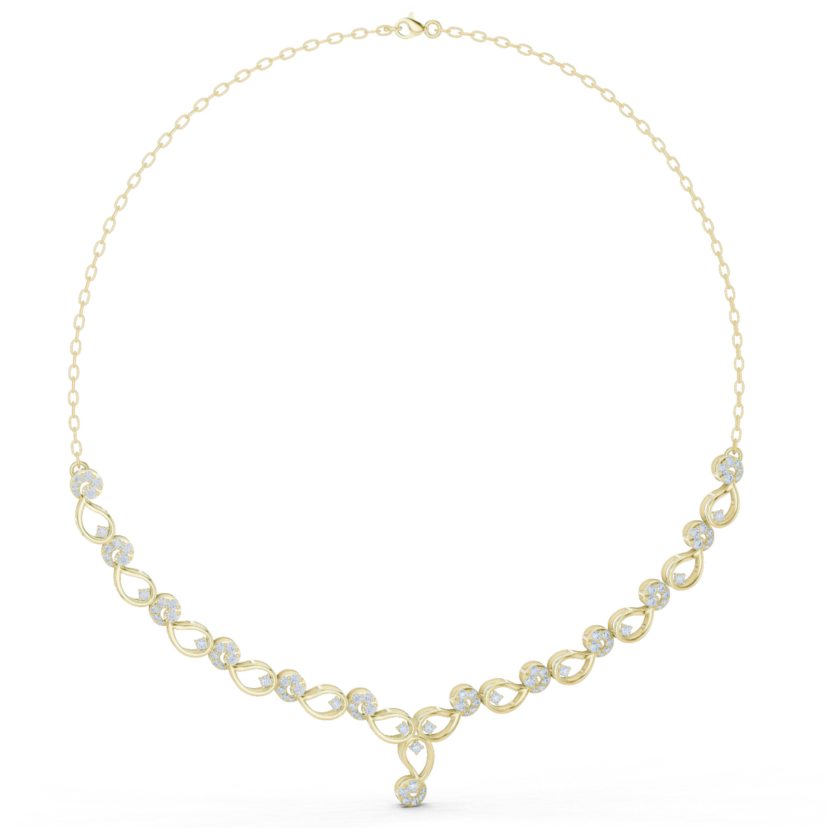 Yellow gold necklace with round link row and blue accent stones, teardrop center pendant
