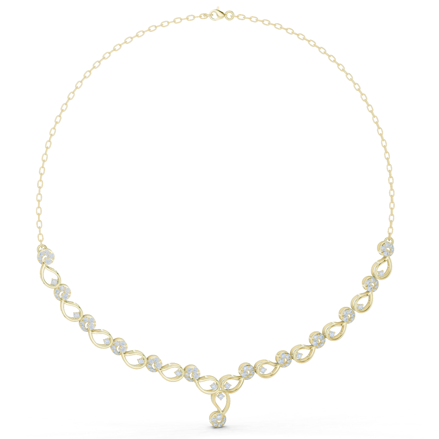Yellow gold necklace with round link row and blue accent stones, teardrop center pendant