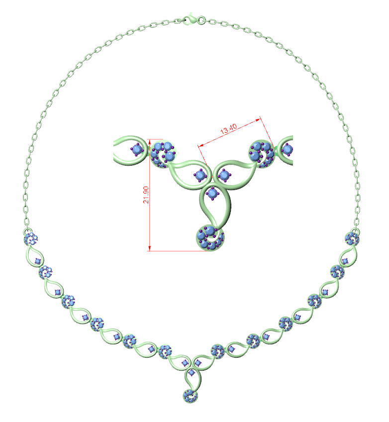Green metal necklace with round link row and blue accent stones, teardrop center pendant