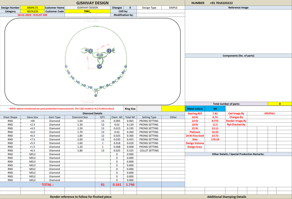Necklace design sheet showing top view diagram, measurements, and a specifications table