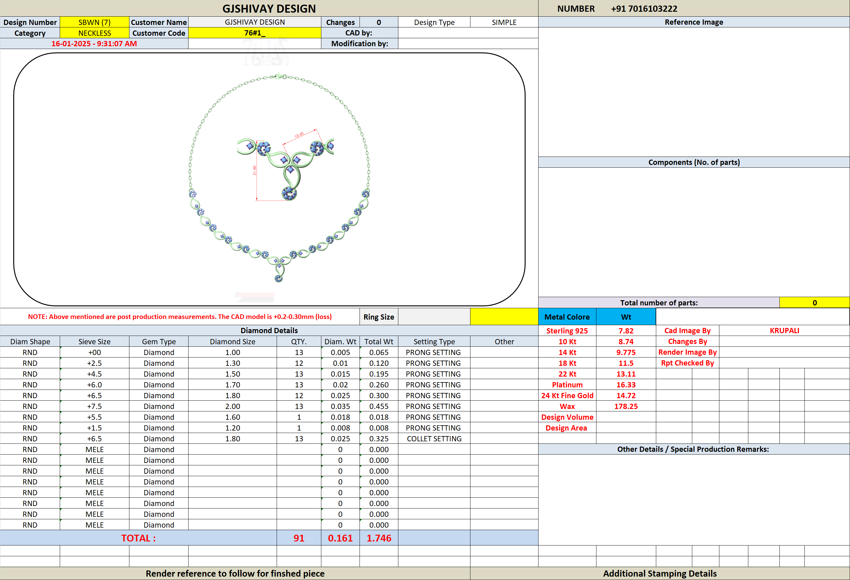 Necklace design sheet showing top view diagram, measurements, and a specifications table