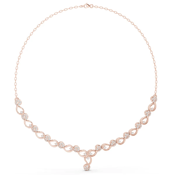 Rose gold necklace with round link row and blue accent stones, small teardrop pendant