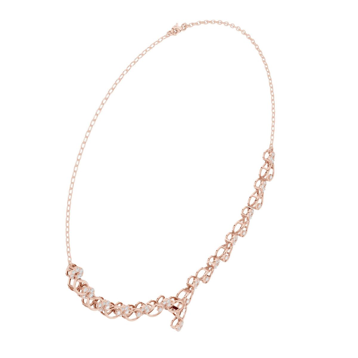 Rose gold necklace with circular link row and small teardrop drop pendant