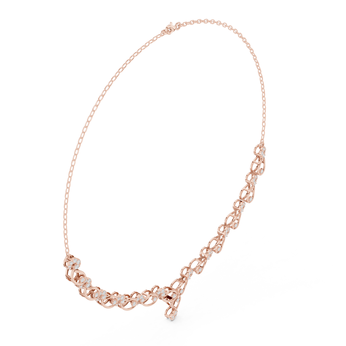 Rose gold necklace with circular link row and small teardrop drop pendant
