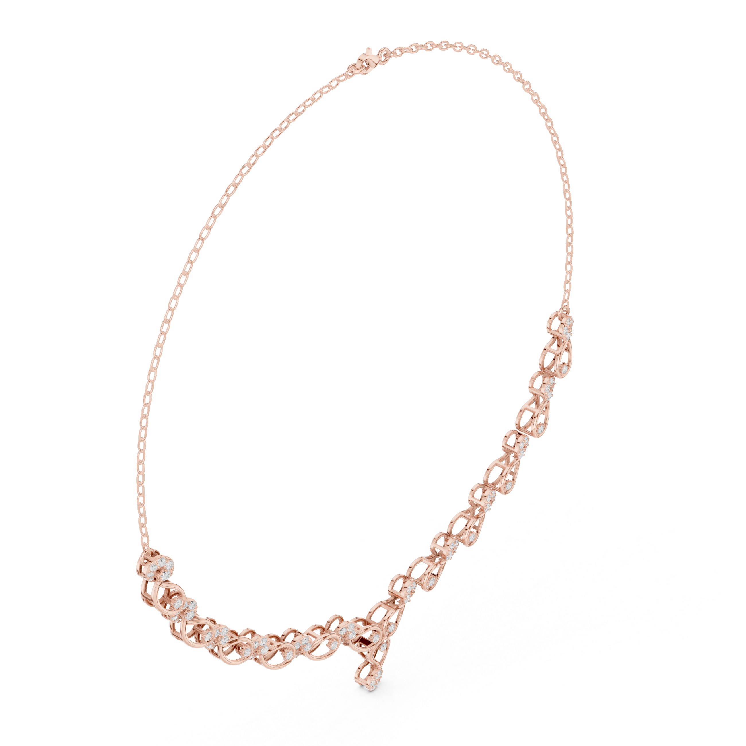 Rose gold necklace with circular link row and small teardrop drop pendant