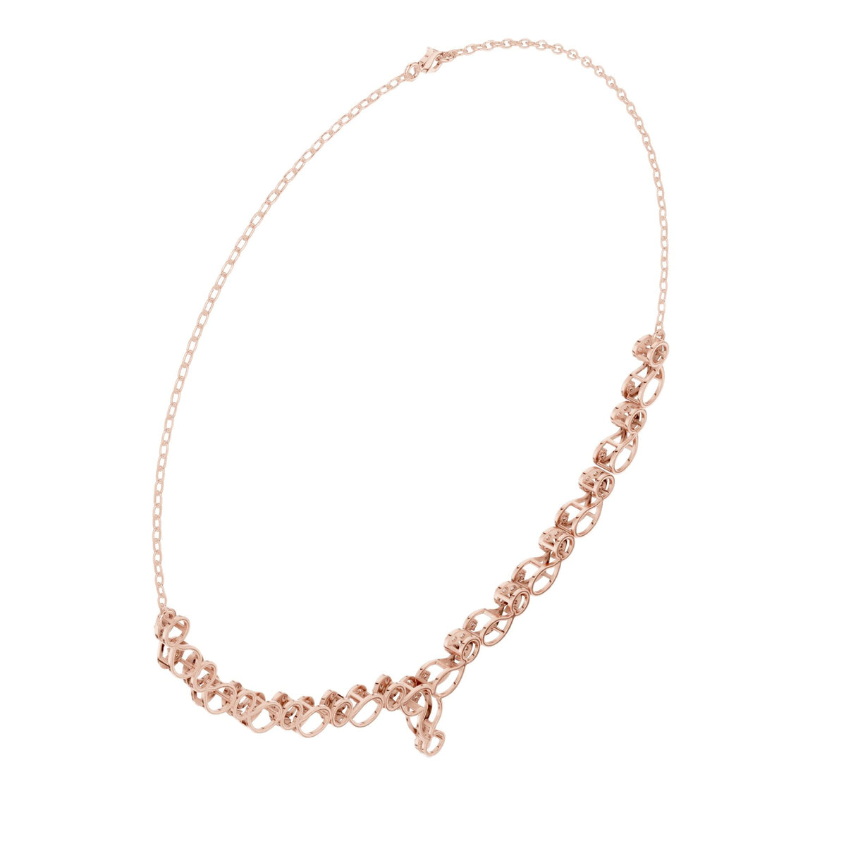 Rose gold necklace with circular link row and small teardrop drop pendant