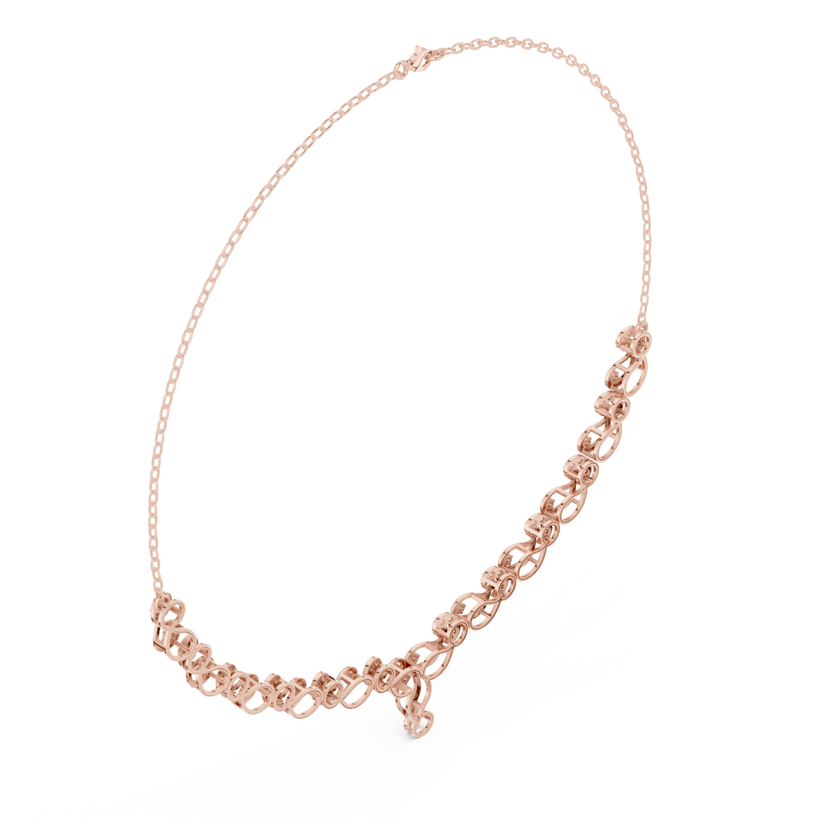 Rose gold necklace with circular link row and small teardrop drop pendant