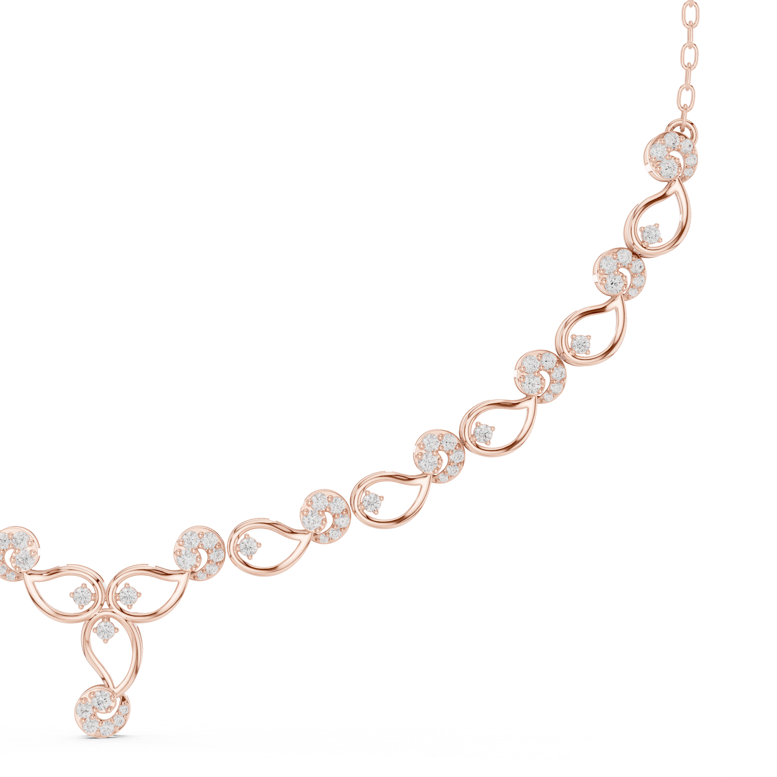 Rose gold diamond necklace with round stones in linked floral-style settings