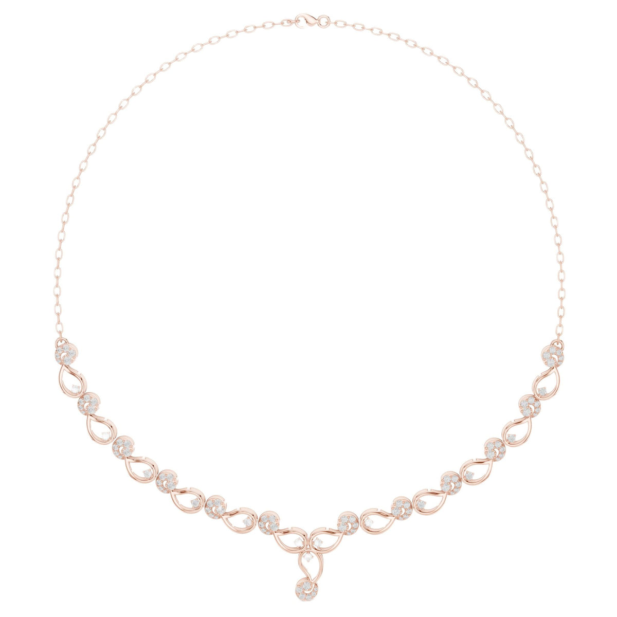 Rose gold diamond necklace with round stones in linked circular motifs