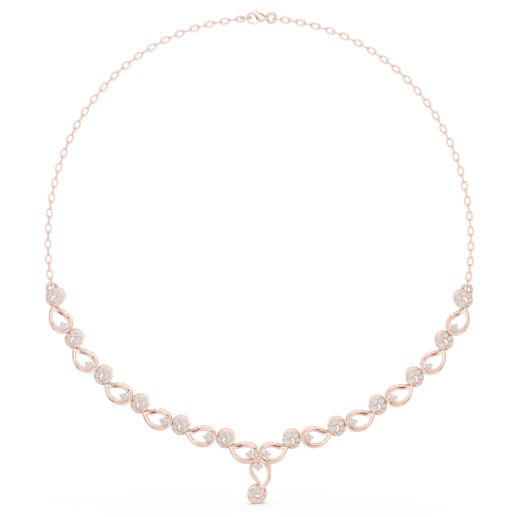Rose gold diamond necklace with round stones in linked circular motifs