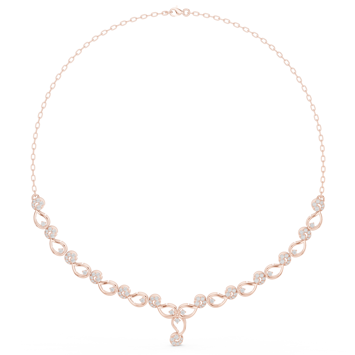 Rose gold diamond necklace with round stones in linked circular motifs