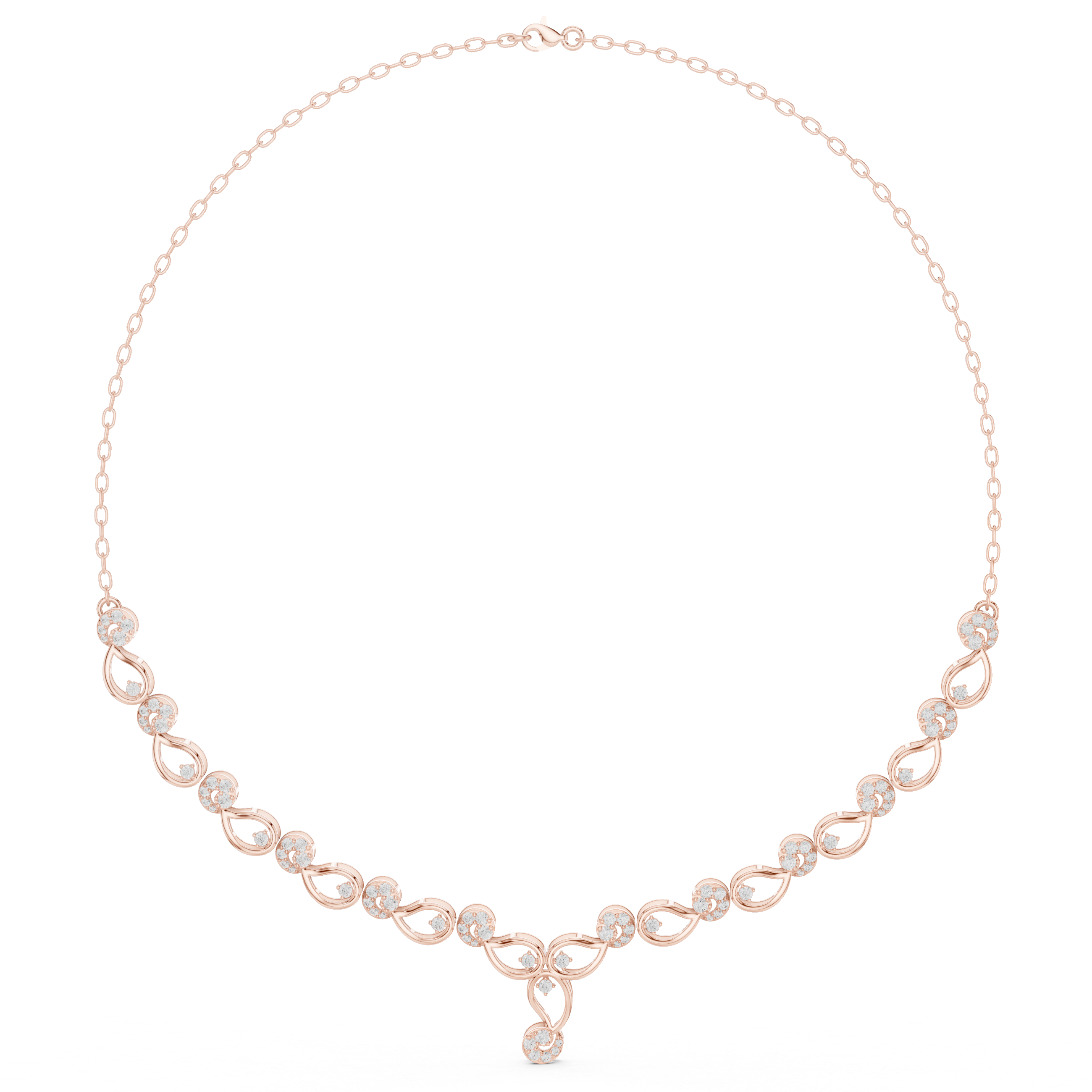 Rose gold diamond necklace with round stones in linked circular motifs