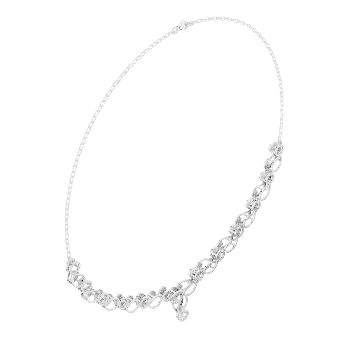 Diamond bloom necklace with round diamonds in white gold link settings and round center drop.