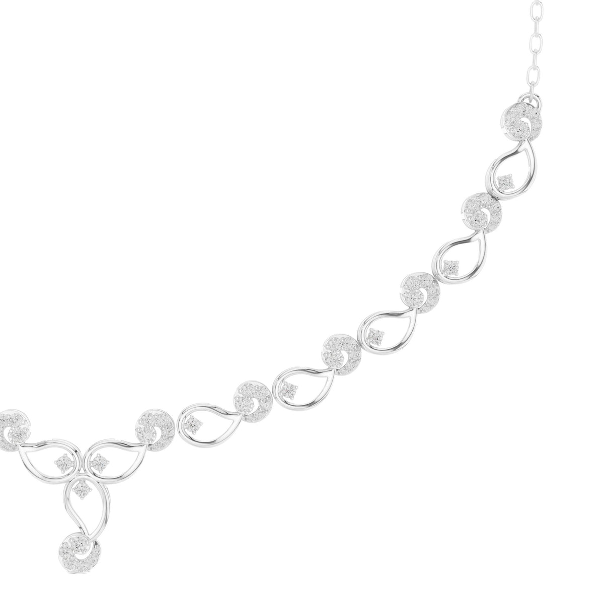 Diamond bloom necklace with round diamonds and open oval links in white gold, on a chain.