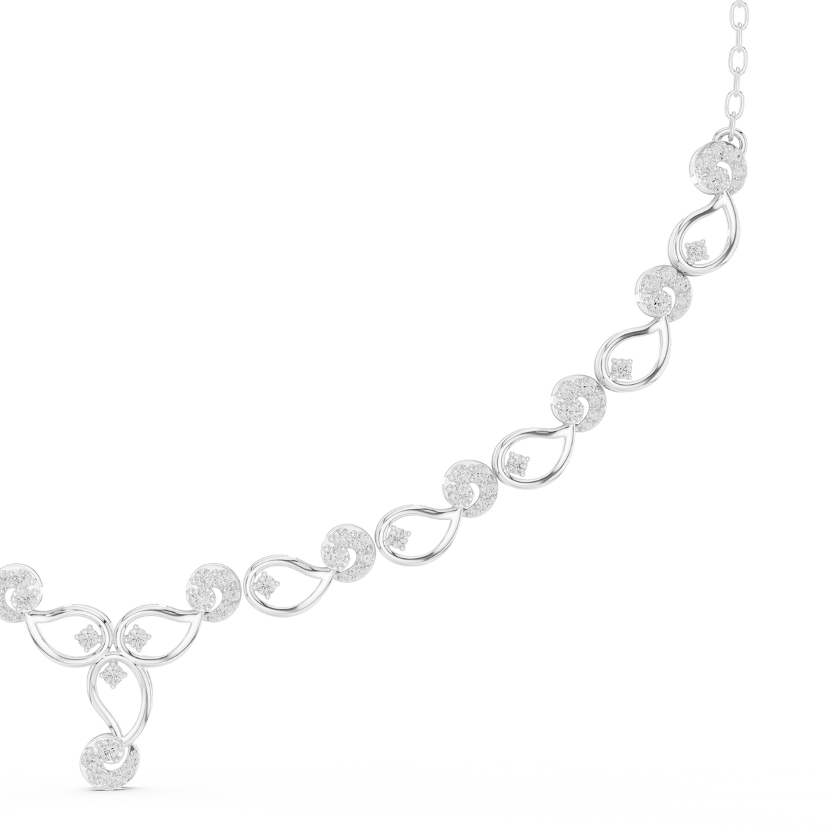 Diamond bloom necklace with round diamonds and open oval links in white gold, on a chain.