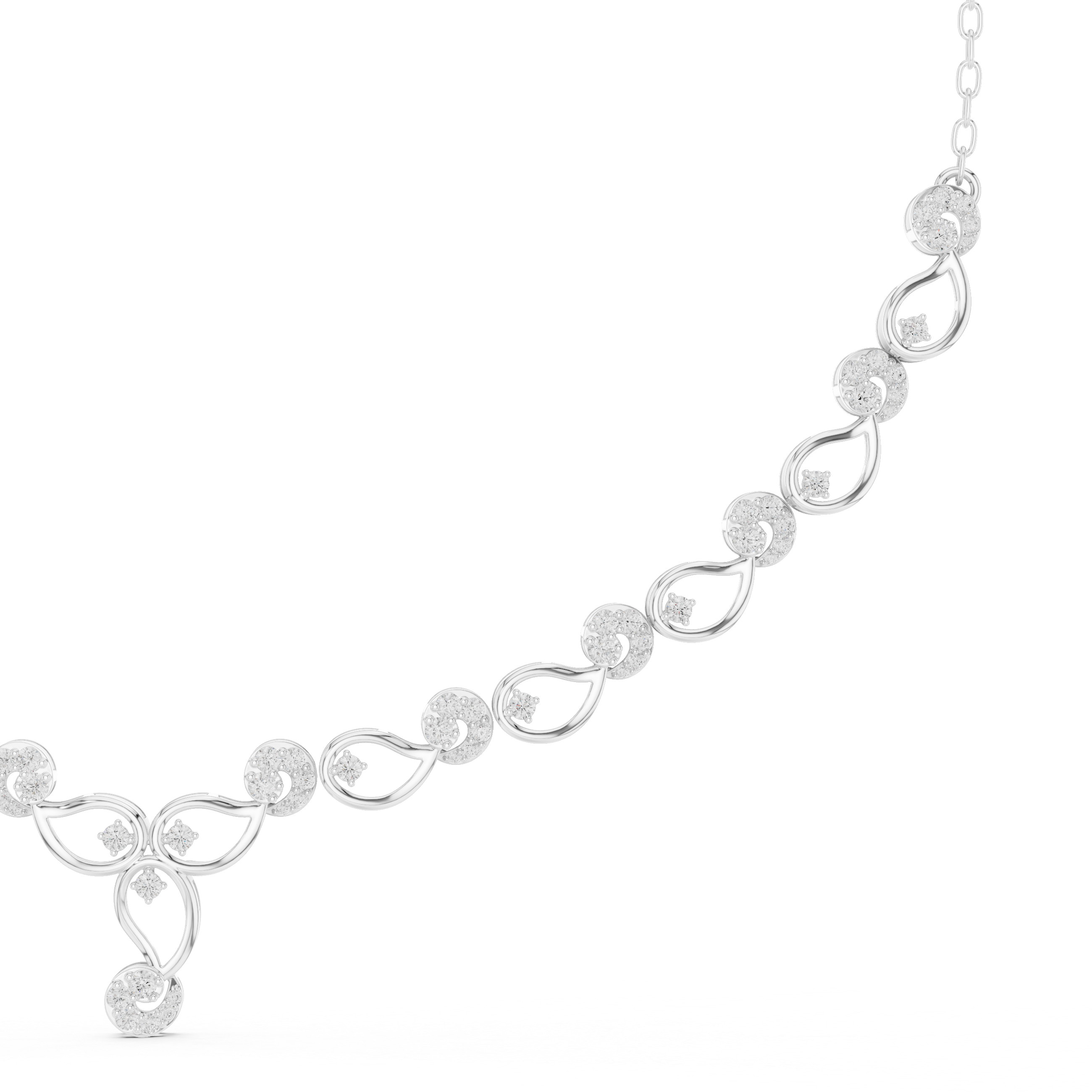 White gold diamond necklace with round stones in loop and oval link motifs