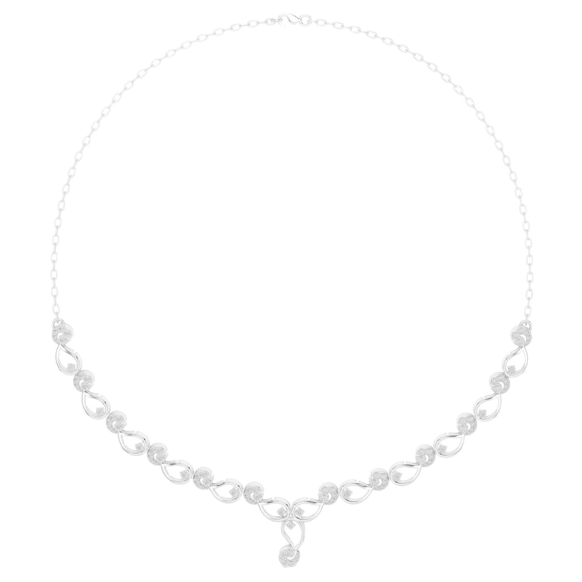 Diamond bloom necklace featuring round diamond clusters on white gold links with a small drop charm.