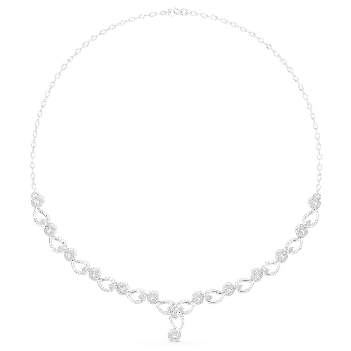 Diamond bloom necklace featuring round diamond clusters on white gold links with a small drop charm.