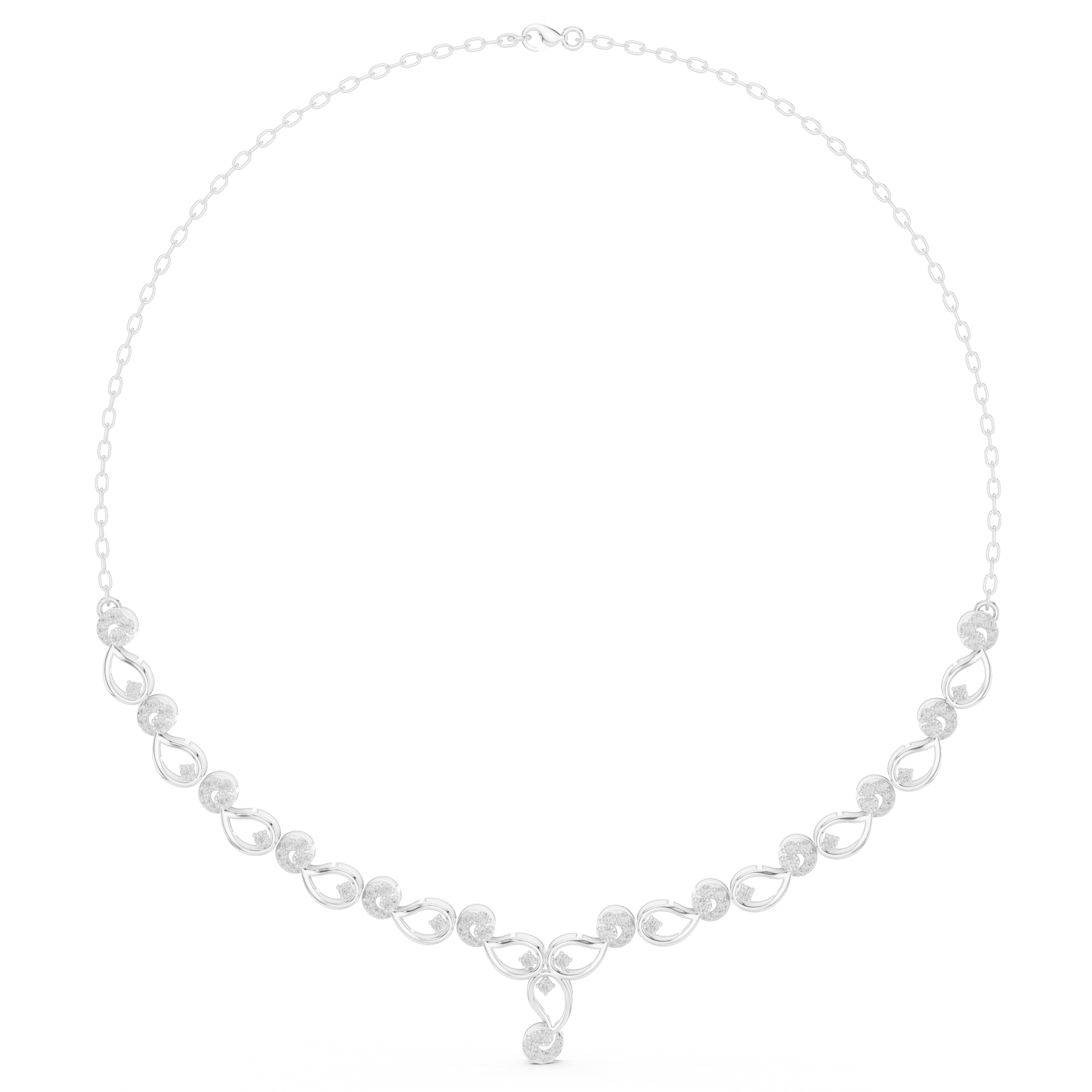 White gold diamond necklace with round stones across a continuous linked chain