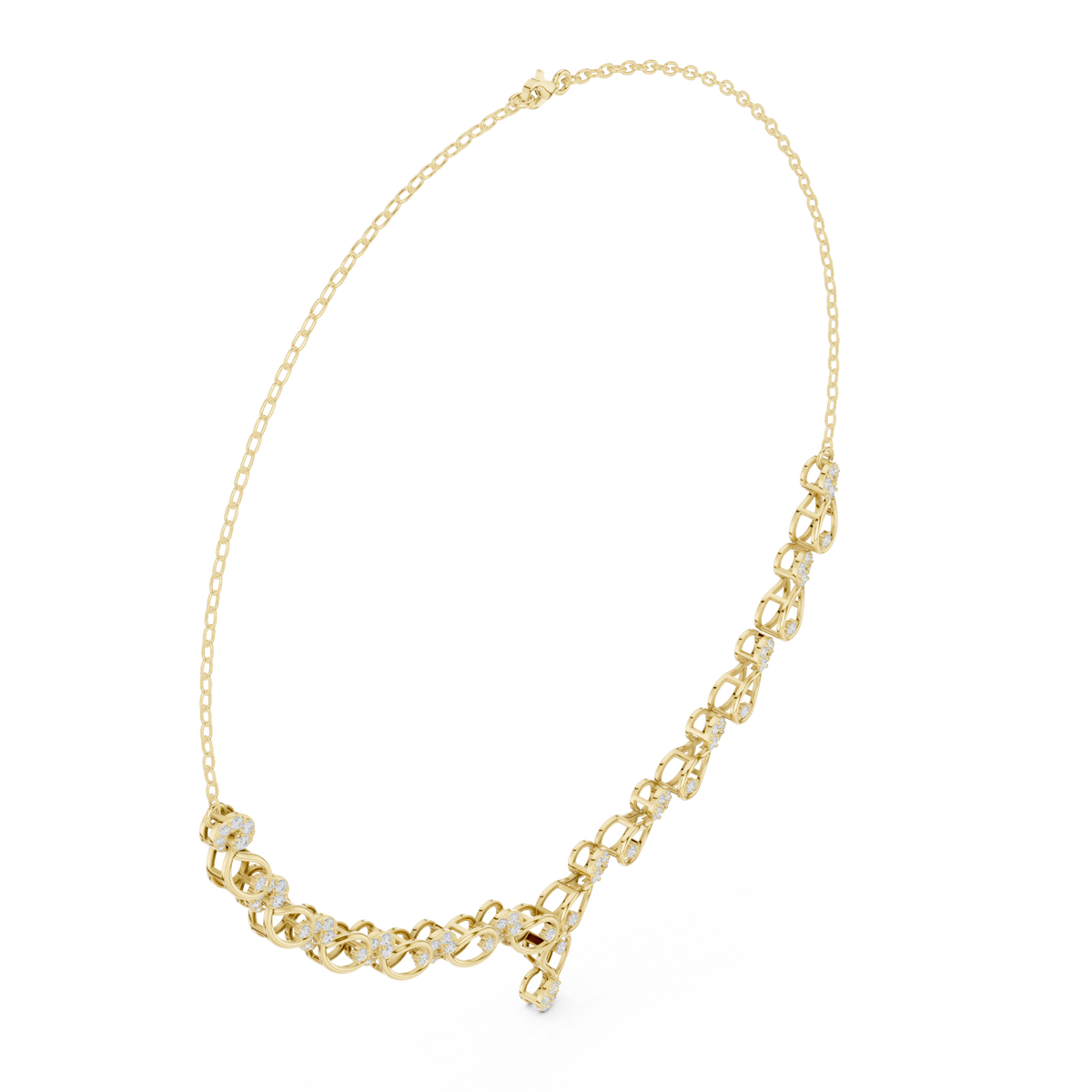 Diamond bloom necklace with round diamonds in yellow gold link settings and a round center drop.