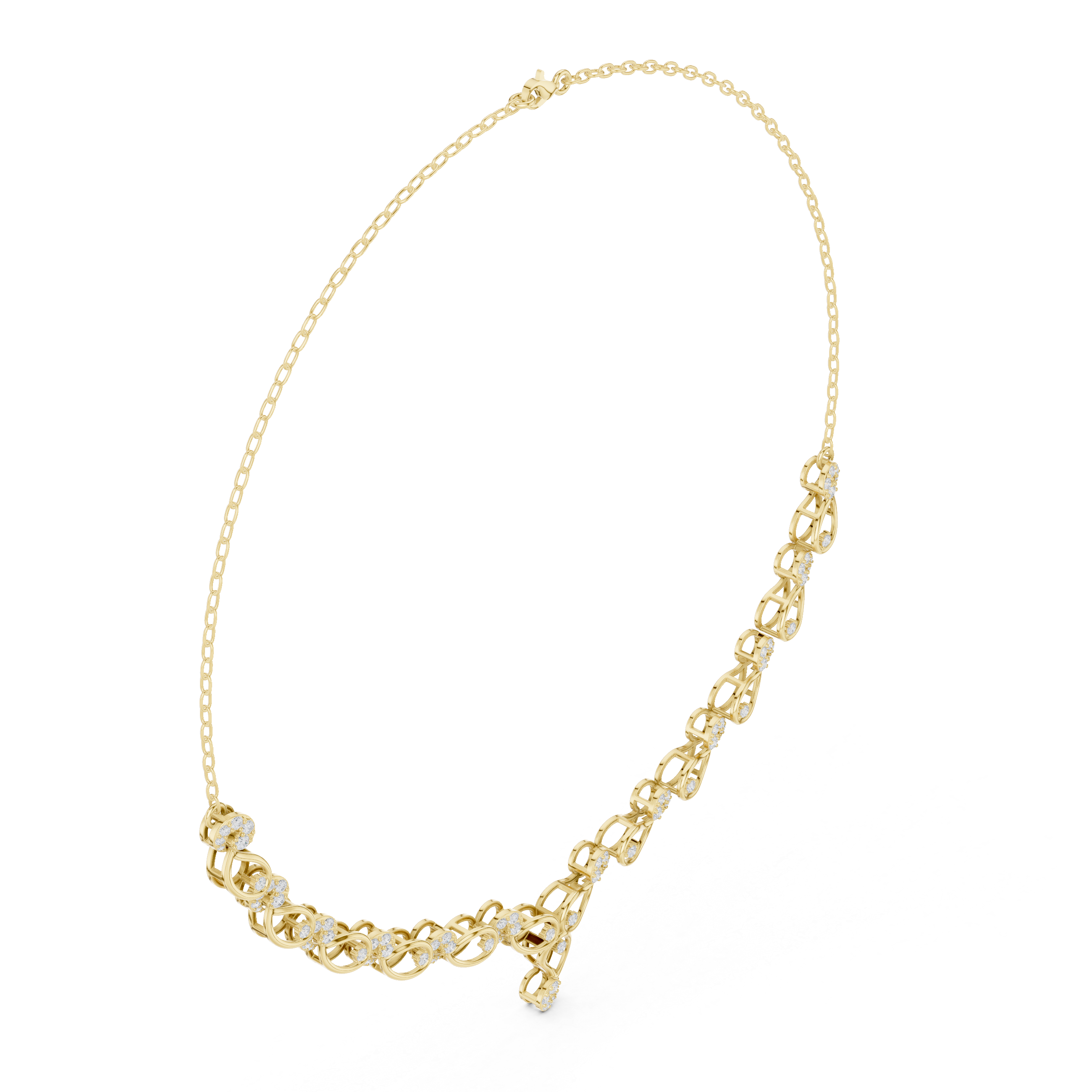 Yellow gold diamond necklace with round stones in linked circular settings