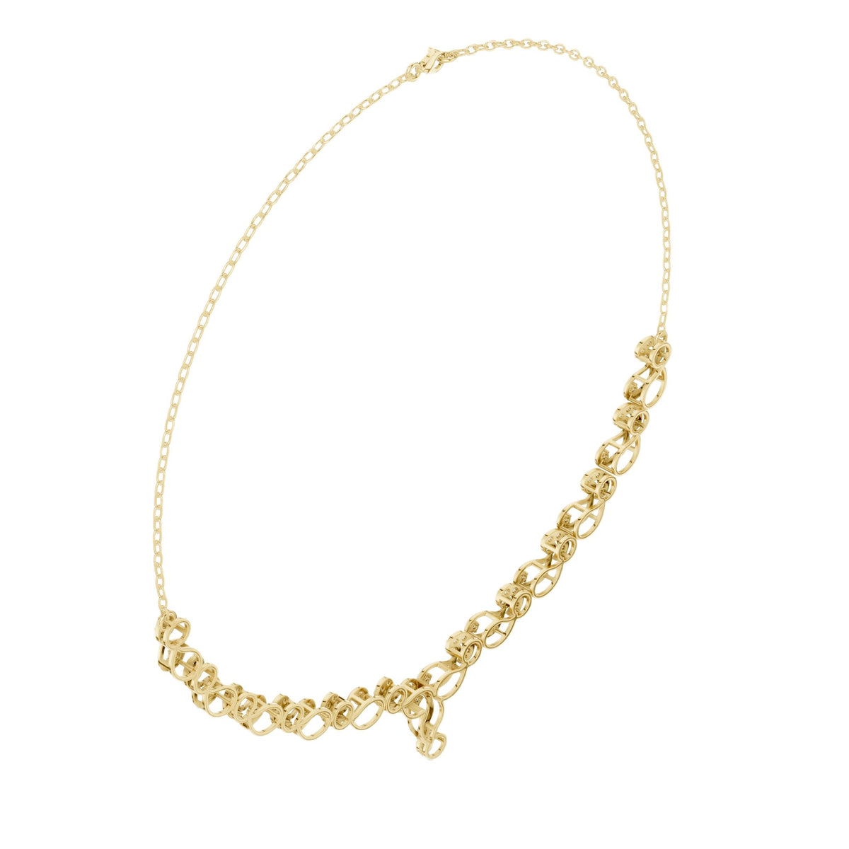 Diamond bloom necklace with round diamond clusters on yellow gold links and a center drop charm.