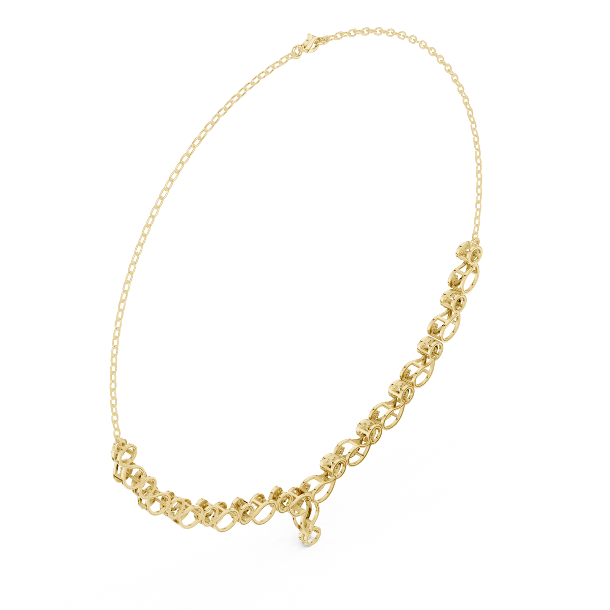 Diamond bloom necklace with round diamond clusters on yellow gold links and a center drop charm.