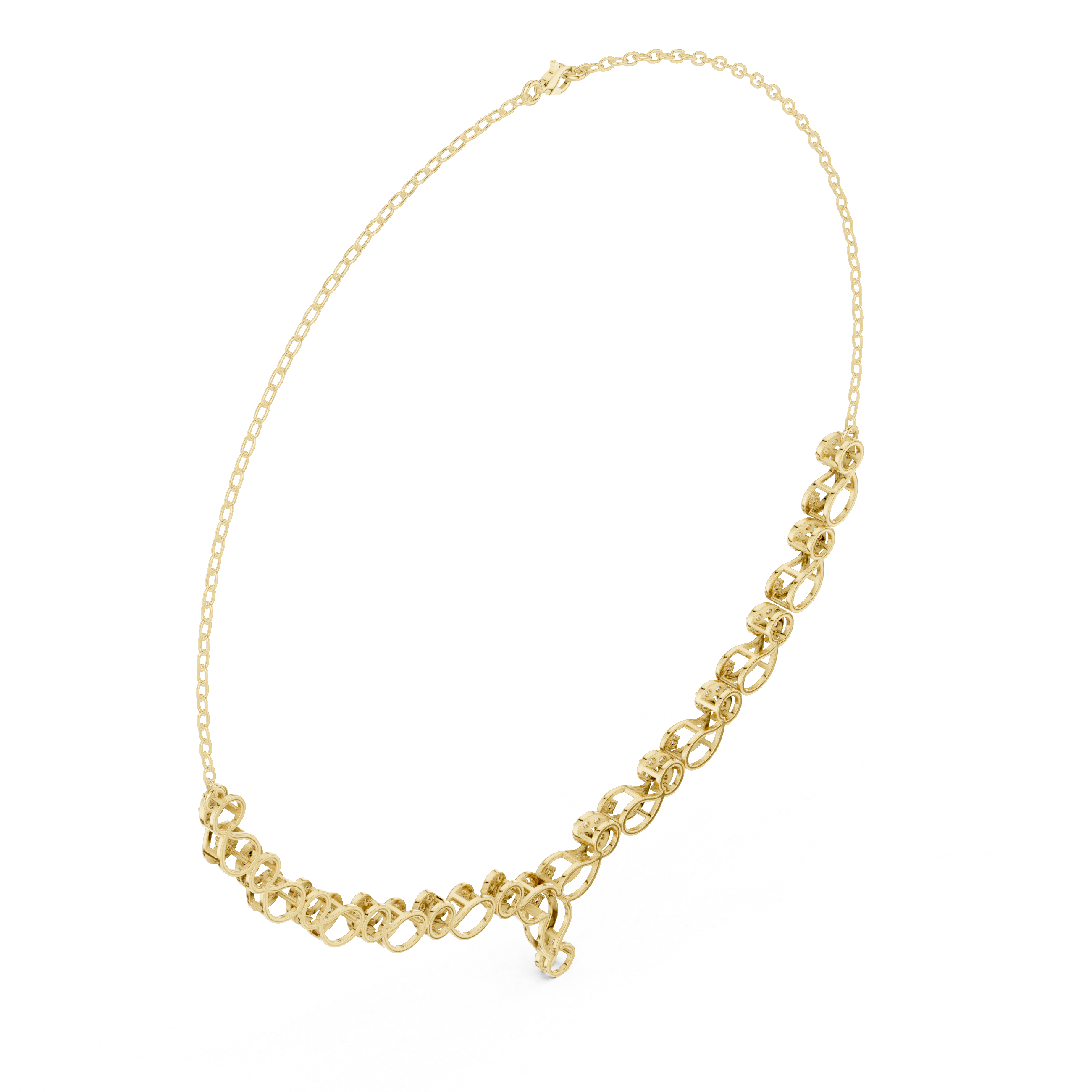 Yellow gold diamond necklace with round stones and open loop link accents