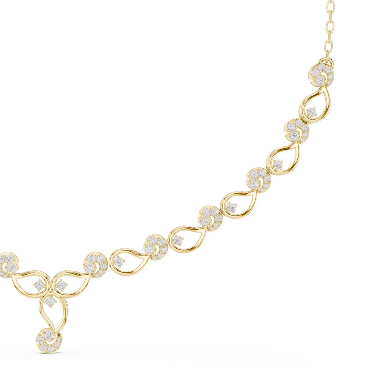 Diamond bloom necklace with round diamonds and open oval links in yellow gold on a chain.