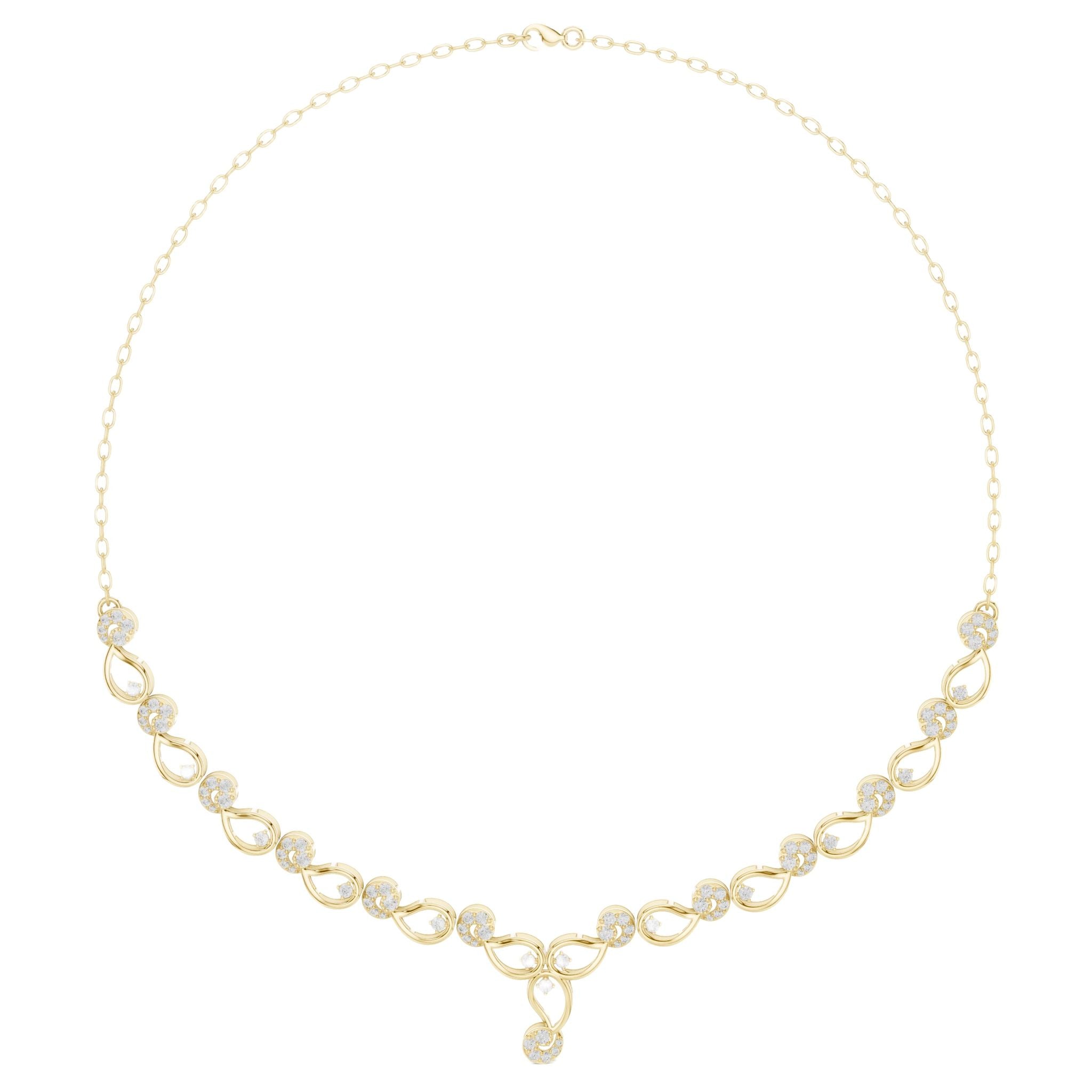 Diamond bloom necklace with round diamonds on yellow gold links, centered with a small dangling charm.