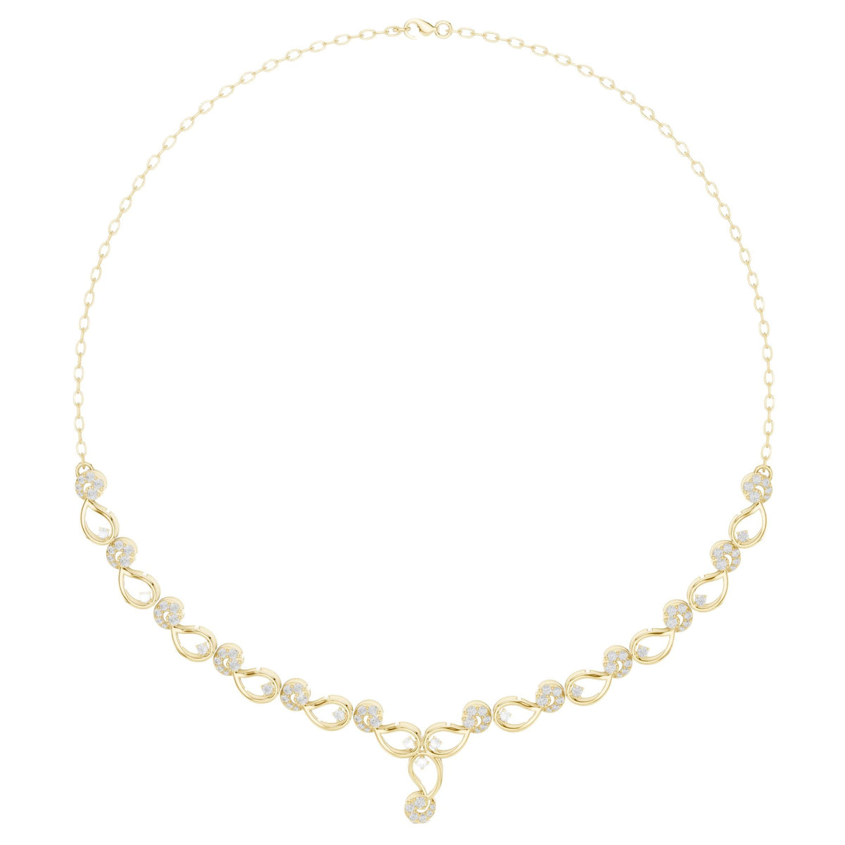 Diamond bloom necklace with round diamonds on yellow gold links, centered with a small dangling charm.