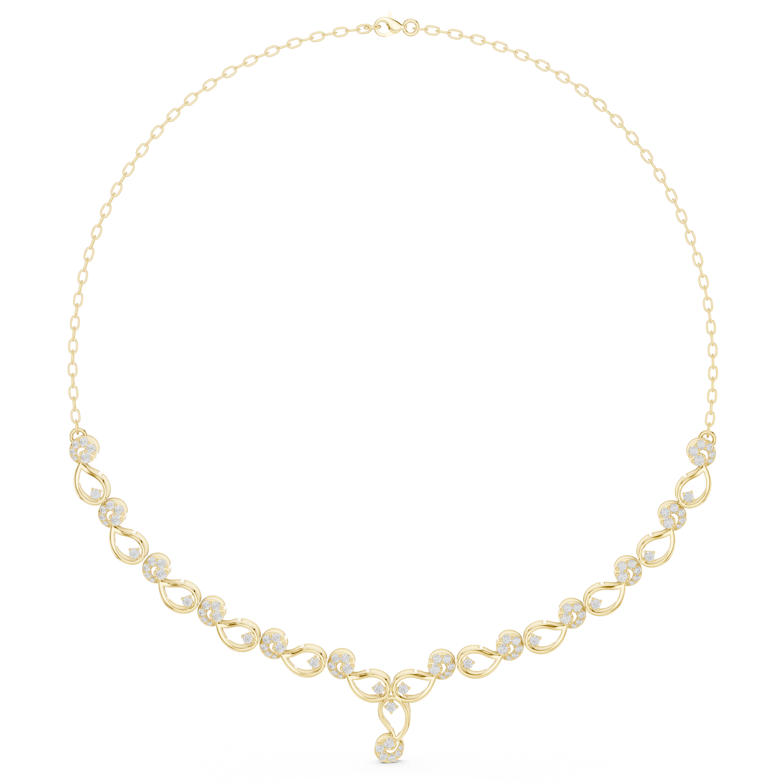 Diamond bloom necklace with round diamonds on yellow gold links, centered with a small dangling charm.