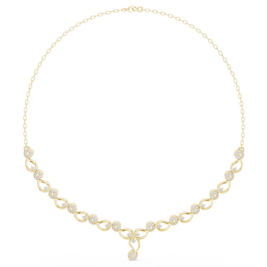 Yellow gold diamond necklace with round stones on a linked chain and center charm