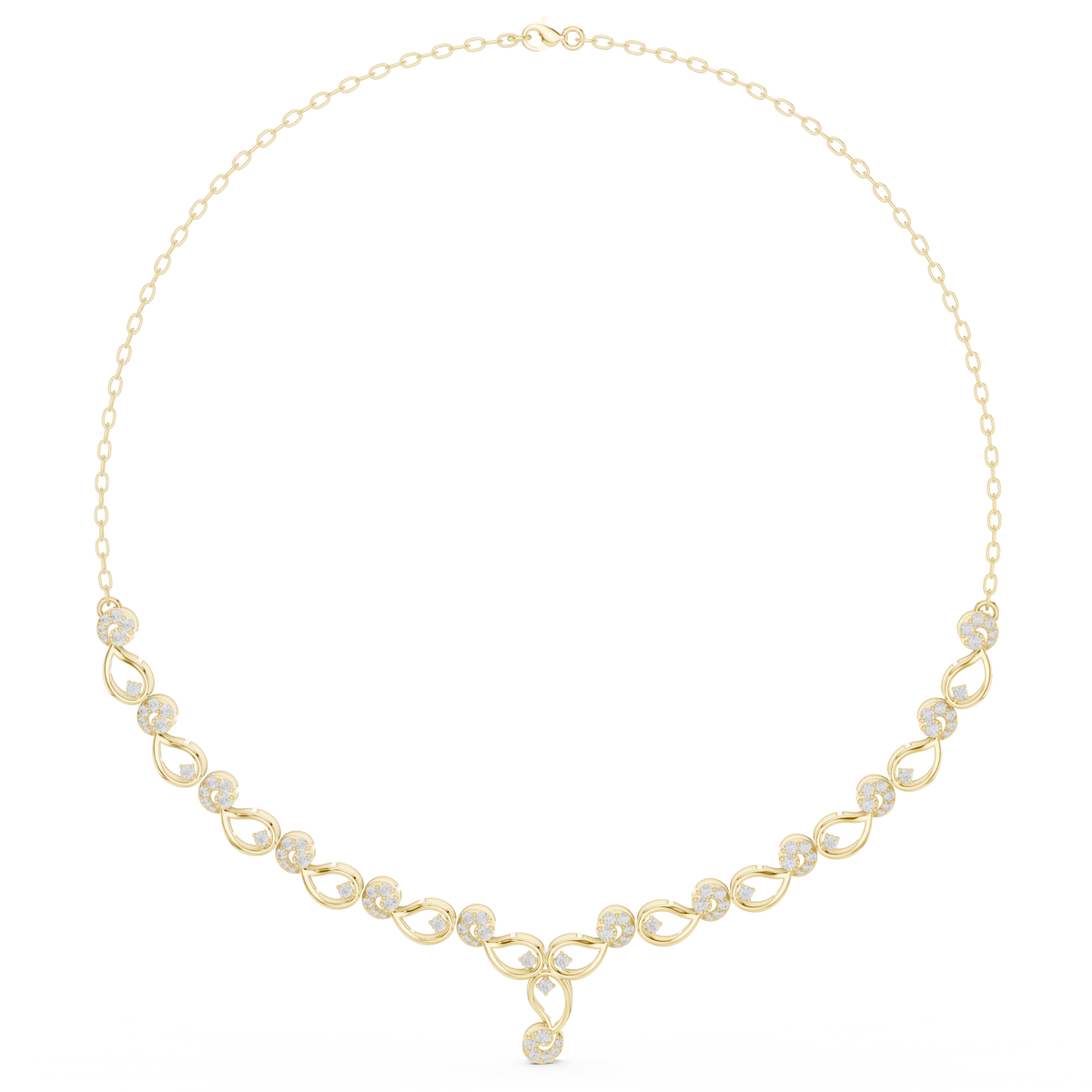 Diamond bloom necklace with round diamonds on yellow gold links, centered with a small dangling charm.