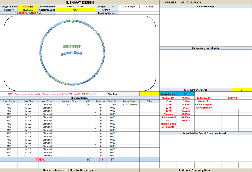 Diamond necklace inspection report page with specifications table and totals