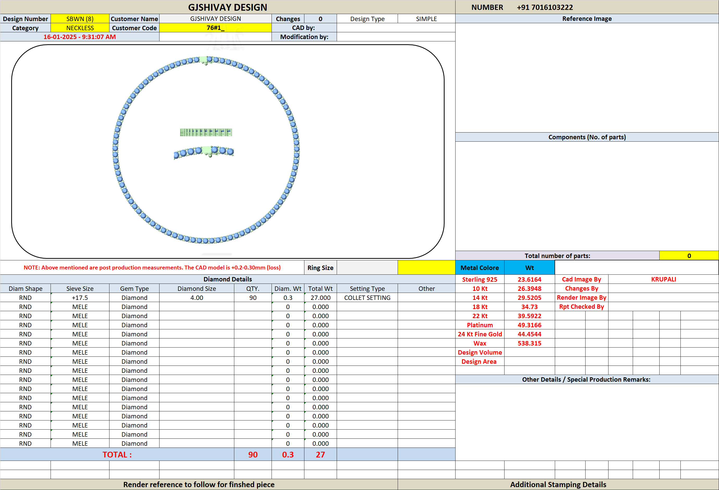 Diamond necklace inspection report page with specifications table and totals