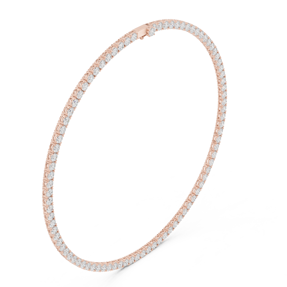 Round diamond tennis necklace with white stones on rose-gold tone chain