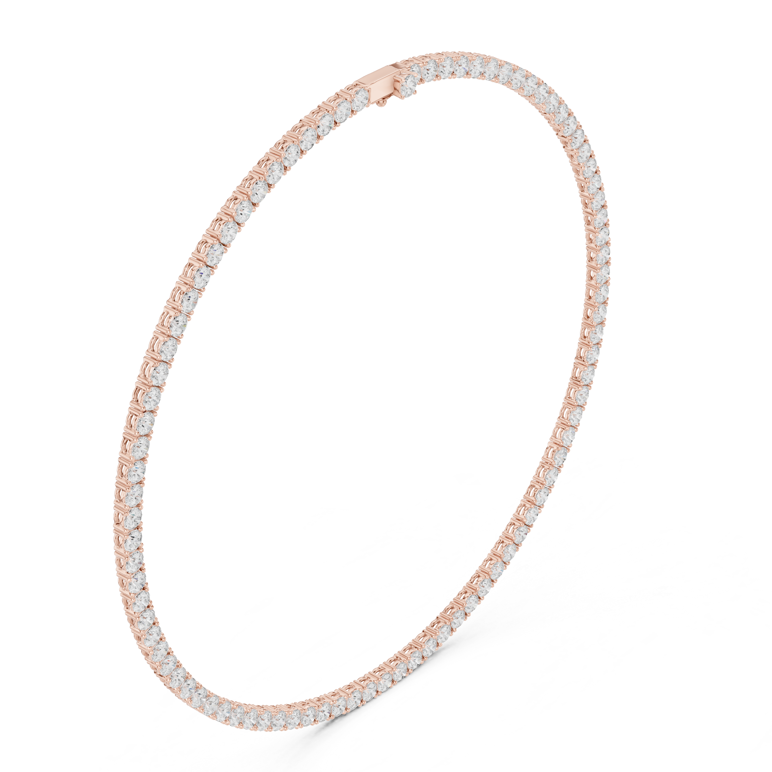 Round diamond tennis necklace with white stones on rose-gold tone chain
