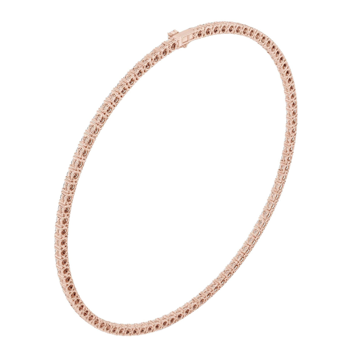 Round diamond tennis necklace with rose-gold tone setting and white stones