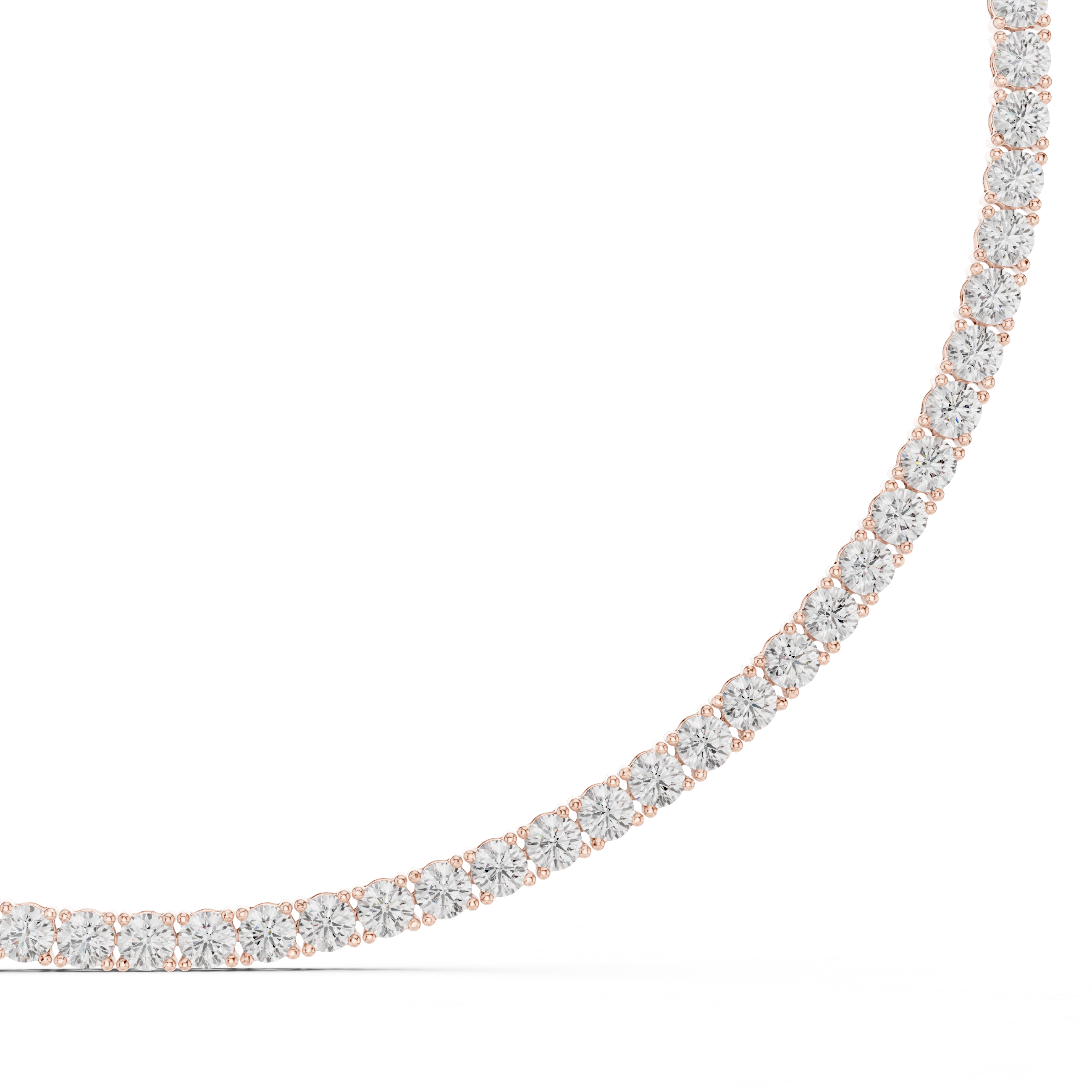 Close-up of round diamond tennis necklace with white stones on rose-gold chain
