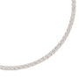 Close-up of round diamond tennis necklace with white stones on rose-gold chain